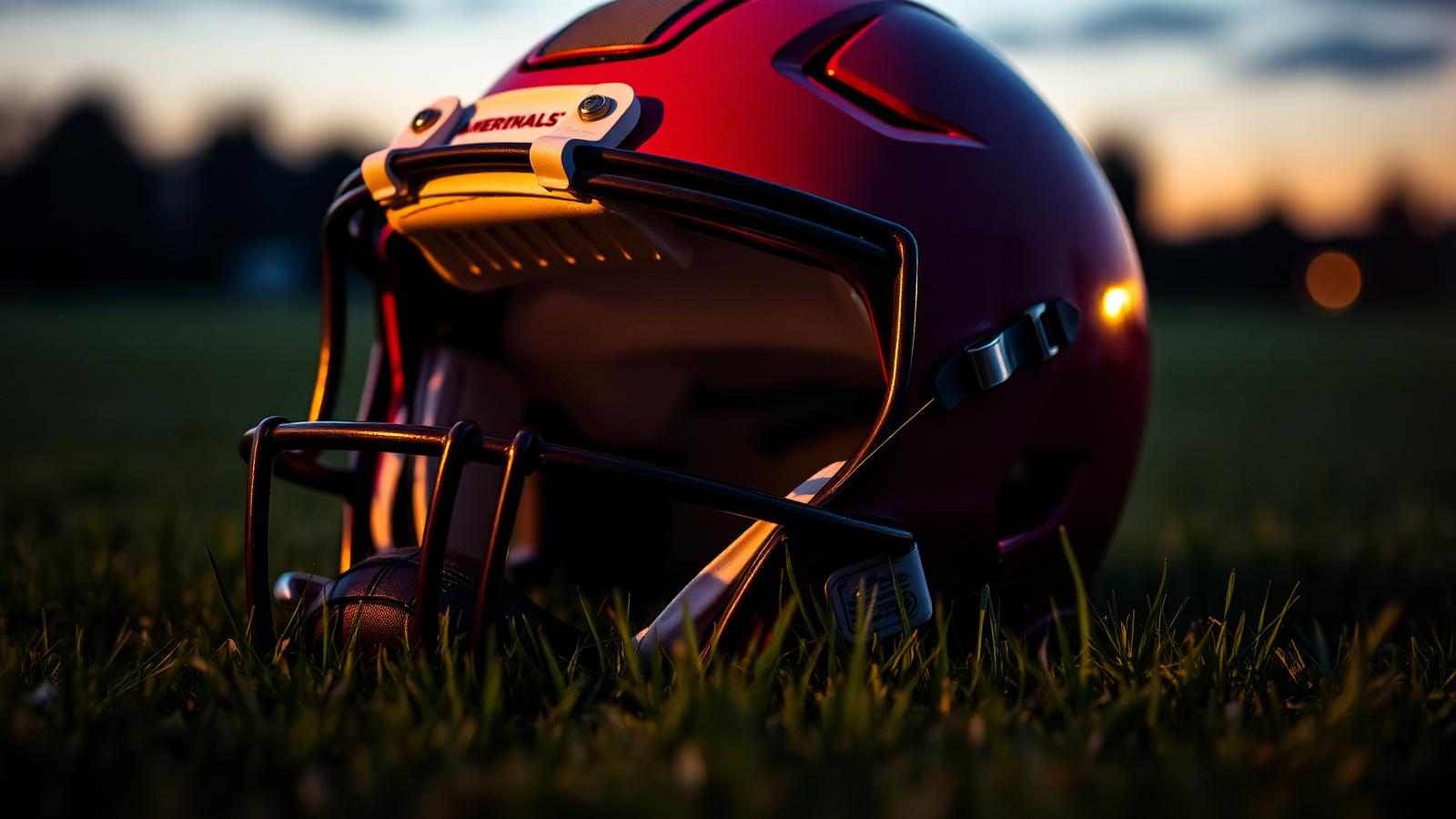 Capacete de futebol americano no gramado ao entardecer